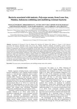 Bacteria Associated with Tunicate, Polycarpa Aurata, from Lease Sea, Maluku, Indonesia Exhibiting Anti-Multidrug Resistant Bacteria