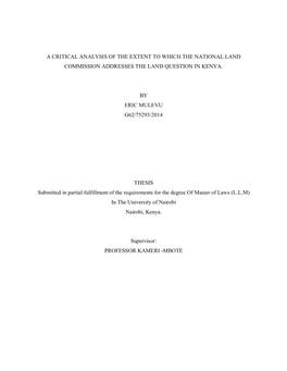 A Critical Analysis of the Extent to Which the National Land Commission Addresses the Land Question in Kenya