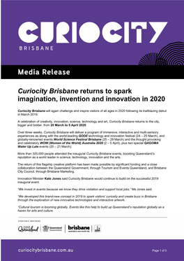 Curiocity Brisbane Returns to Spark Imagination, Invention and Innovation in 2020