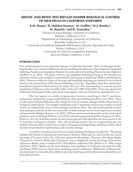 Abiotic and Biotic Pest Refuges Hamper Biological Control of Mealybugs in California Vineyards K.M