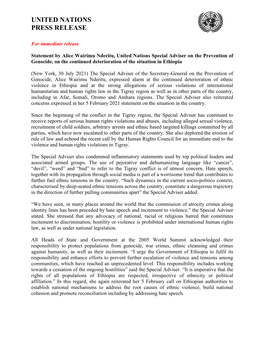 Statement by Alice Wairimu Nderitu, United Nations Special Adviser on the Prevention of Genocide, on the Continued Deterioration of the Situation in Ethiopia