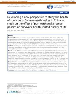 Developing a New Perspective to Study the Health of Survivors of Sichuan Earthquakes in China