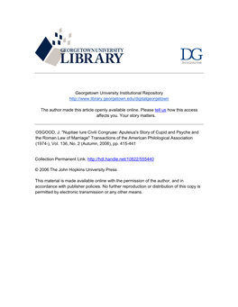 Apuleius's Story of Cupid and Psyche and the Roman Law of Marriage" Transactions of the American Philological Association (1974-), Vol