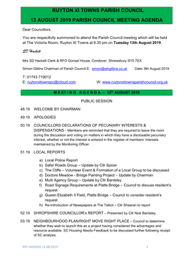 Ruyton Xi Towns Parish Council 13 August 2019 Parish Council Meeting Agenda