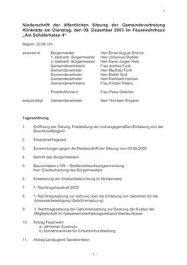 Niederschrift Der Öffentlichen Sitzung Der Gemeindevertretung Klinkrade Am Dienstag, Den 09