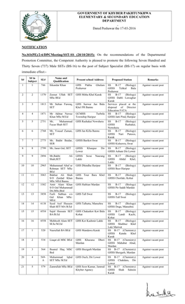 GOVERNMENT of KHYBER PAKHTUNKHWA ELEMENTARY & SECONDARY EDUCATION DEPARTMENT , Dated Peshawar the 17-03-2016