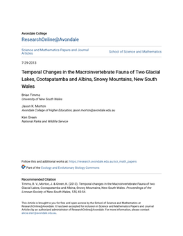 Temporal Changes in the Macroinvertebrate Fauna of Two Glacial Lakes, Cootapatamba and Albina, Snowy Mountains, New South Wales