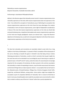 Rationality As Reasons-Responsiveness Benjamin Kiesewetter, Humboldt-Universität Zu Berlin