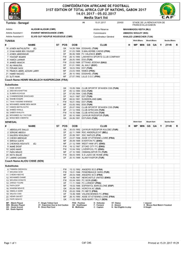 05.02.2017 Media Start List Tunisia - Senegal #4 15.01.2017 20H00 STADE DE LA RÉNOVATION DE FRANCEVILLE/GABON