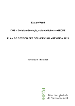 Plan De Gestion Des Déchets 2016 - Révision 2020