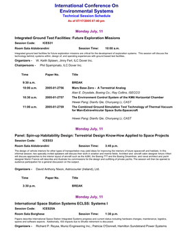 International Conference on Environmental Systems Technical Session Schedule As of 07/17/2005 07:40 Pm