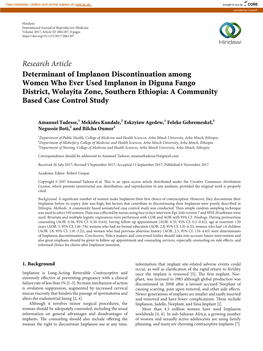 Research Article Determinant of Implanon Discontinuation Among Women Who Ever Used Implanon in Diguna Fango District, Wolayita Z
