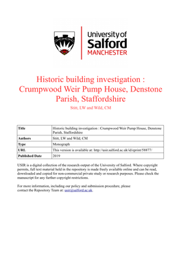 Historic Building Investigation : Crumpwood Weir Pump House, Denstone Parish, Staffordshire Stitt, LW and Wild, CM