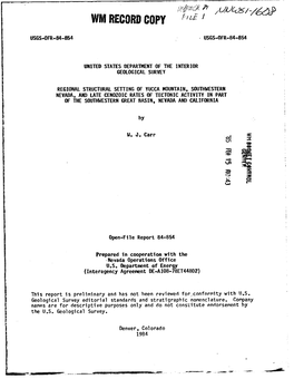 Regional Structural Setting of Yucca Mountain, Southwestern Nevada