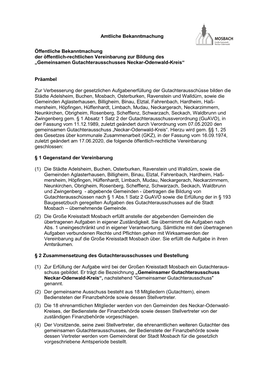 Öffentliche Bekanntmachung Der Öffentlich-Rechtlichen Vereinbarung Zur Bildung Des „Gemeinsamen Gutachterausschusses Neckar-Odenwald-Kreis“