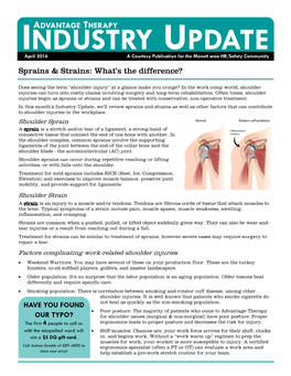 Shoulder Sprain a Sprain Is a Stretch And/Or Tear of a Ligament, a Strong Band of Connective Tissue That Connect the End of One Bone with Another