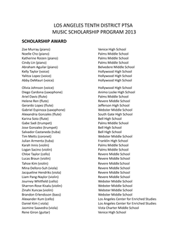 Los Angeles Tenth District Ptsa Music Scholarship Program 2013 Scholarship Award