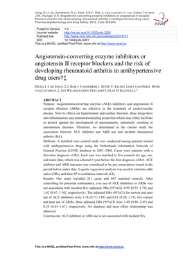 Angiotensin-Converting Enzyme Inhibitors Or Angiotensin II Receptor Blockers and the Risk of Developing Rheumatoid Arthritis in Antihypertensive Drug Users
