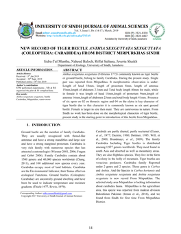 New Record of Tiger Beetle Anthia Sexguttata Sexguttata (Coleoptera: Carabidea) from District Mirpurkhas Sindh