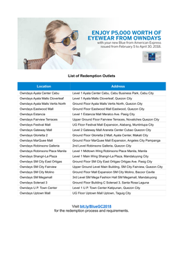 List of Redemption Outlets Visit Bit.Ly/Bluegc2018 for The