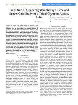 Transition of Gender System Through Time and Space: Case Study of a Tribal Group in Assam, India GJHSS Classification – C (FOR) 160807,160701,160609 Dr
