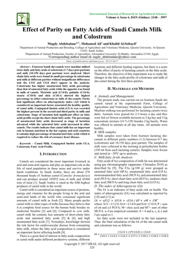 Effect of Parity on Fatty Acids of Saudi Camels Milk and Colostrum