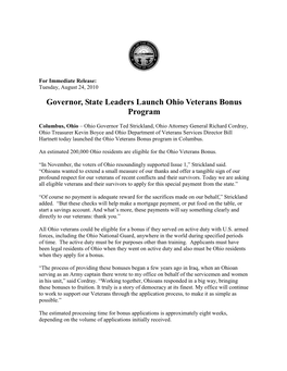 Governor, State Leaders Launch Ohio Veterans Bonus Program
