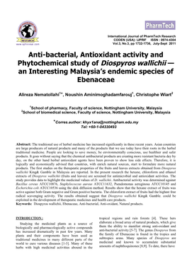 Anti-Bacterial, Antioxidant Activity and Phytochemical Study of Diospyros Wallichii — an Interesting Malaysia’S Endemic Species of Ebenaceae