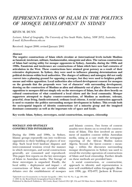 Representations of Islam in the Politics of Mosque Development in Sydney