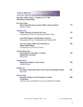 December 2005, Volume 7, Number 12: 771 -839 Physicians in Public Roles