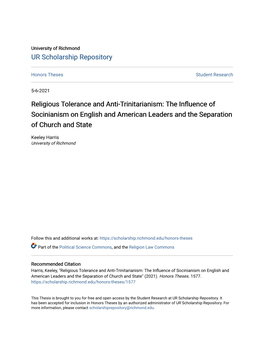 Religious Tolerance and Anti-Trinitarianism: the Influence of Socinianism on English and American Leaders and the Separation of Church and State