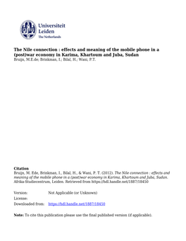 War Economy in Karima, Khartoum and Juba, Sudan Bruijn, M.E.De; Brinkman, I.; Bilal, H.; Wani, P.T