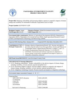 1 Fao/Global Environment Facility Project Document