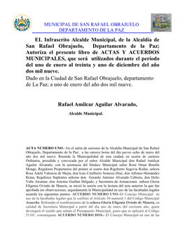 EL Infrascrito Alcalde Municipal, De La Alcaldía De San Rafael Obrajuelo, Departamento De La Paz; Autoriza El Presente Libro