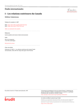 I – Les Relations Extérieures Du Canada Hélène Galarneau