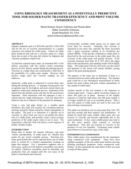 Using Rheology Measurement As a Potentially Predictive Tool for Solder Paste Transfer Efficiency and Print Volume Consistency