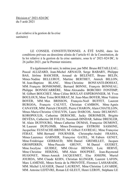 Décision N° 2021-824 DC Du 5 Août 2021,Loi Relative À La Gestion De La