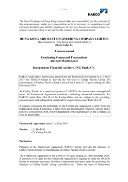 HONG KONG AIRCRAFT ENGINEERING COMPANY LIMITED (Incorporated in Hong Kong with Limited Liability) (Stock Code: 44)