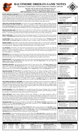 BALTIMORE ORIOLES GAME NOTES Oriole Park at Camden Yards  333 West Camden Street  Baltimore, MD 21201