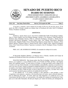 Senado De Puerto Rico Diario De Sesiones Procedimientos Y Debates De La Decimocuarta Asamblea Legislativa Cuarta Sesion Ordinaria Año 2002 Vol