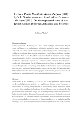 Hebrew Poetic Manifesto Kotzo Shel Yod (1878) by Y.L. Gordon Translated Into Ladino La Punta De La Yod (1901). on the Oppressed