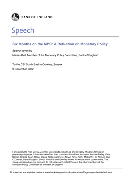 Six Months on the MPC: a Reflection on Monetary Policy