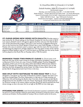 UPCOMING GAMES and PITCHING PROBABLES Wednesday, June 5Th @MAN 6:35 PM St