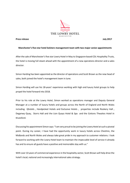 Press Release July 2017 Manchester's Five-Star Hotel