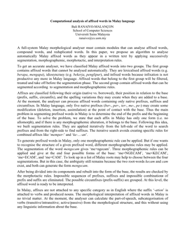 Computational Analysis of Affixed Words in Malay Language Bali RANAIVO-MALANÇON School of Computer Sciences Universiti Sains Malaysia Ranaivo@Cs.Usm.My