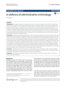 In Defence of Administrative Criminology Pat Mayhew*