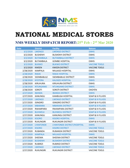 NATIONAL MEDICAL STORES NMS WEEKLY DISPATCH REPORT:25Th Feb - 2Nd Mar 2020