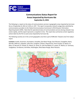 Communications Status Report for Areas Impacted by Hurricane Ida September 8, 2021