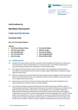HCC Initial Feedback to the Governments Three Waters Review