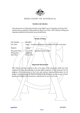 High Court of Australia Sydney Registry